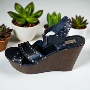 Clearance! STEVE Madden Posie Strappy Wedge Sandal Black Silver Studs Size 10
